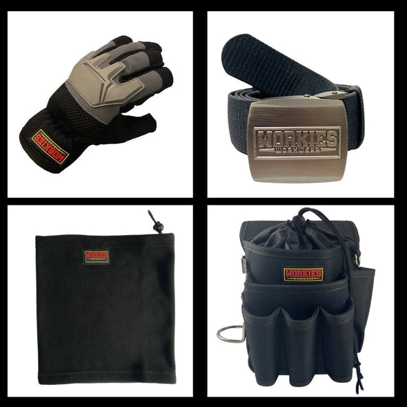 Work Gloves, Stretch work belt with metal buckle, tool pouch and black fleece snood