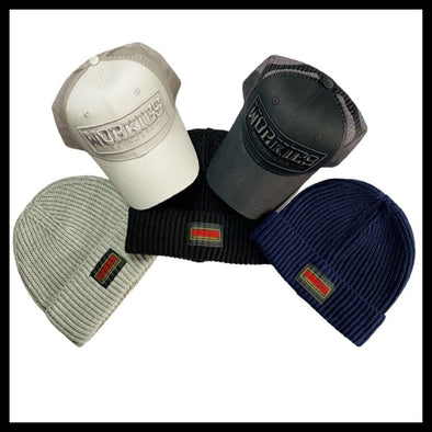 Black cap, Grey cap, Blue beanie, grey beanie and black beanie