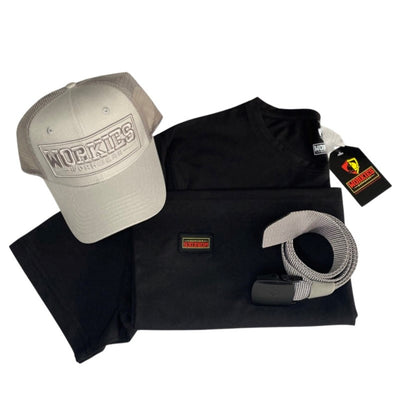 Black short sleeved work t-shirt paired with the grey work belt and trucker cap