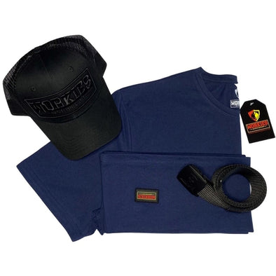 Blue short sleeved work t-shirt paired with the black work belt and trucker cap
