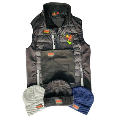 Body warmer jacket with black fleece snood and different colour beanie hats