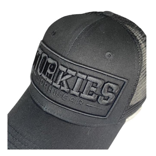 Black on Black Trucker cap with 3D embroidered logo and plastic size adjuster