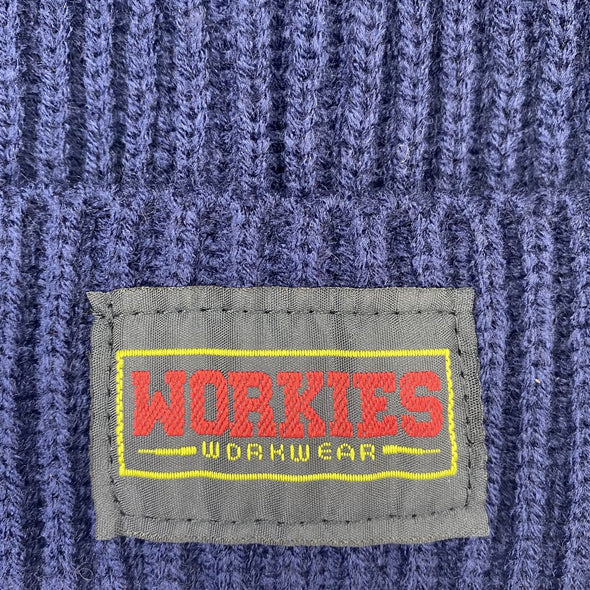 Workies Workwear blue beanie hat branded logo badge