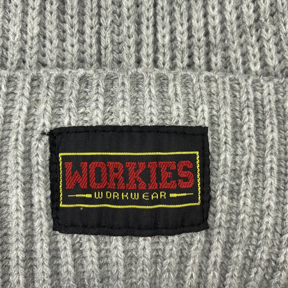 Workies Workwear Grey knitted beanie hat branded logo badge