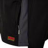Workies Hooded Soft Shell work jacket, black with grey, zipped pockets and rubber logo badge 