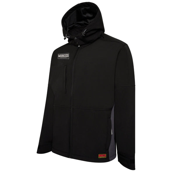 Workies Hooded Soft Shell work jacket, black with grey, side view