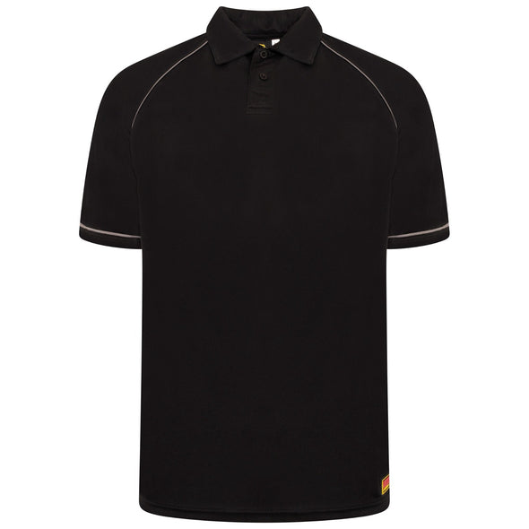 Workies Workwear moisture wicking 100% polyester polo shirt in black with grey, front
