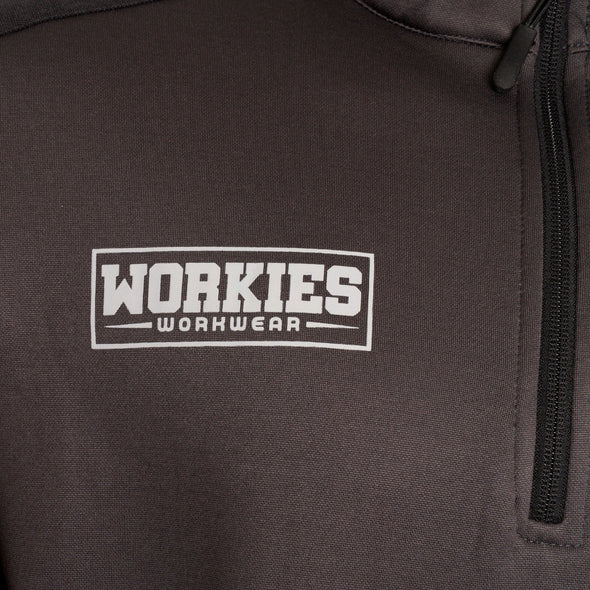 Workies Workwear Zip Neck Sweatshirt in grey,  chest printed logo