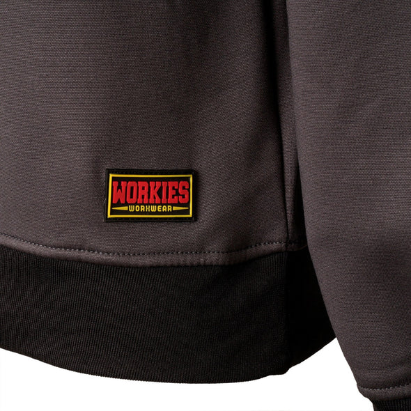 Workies Workwear Zip Neck Sweatshirt in grey, branded rubber logo badge